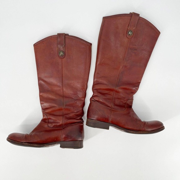 Frye Melissa Button Lug Tall Boots Shoes Sz 8 Cognac Brown Leather Low Heel Fall - Picture 8 of 13